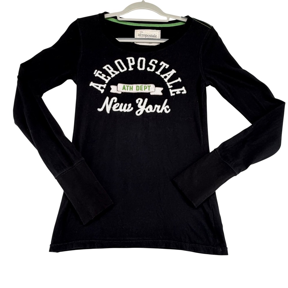 Aeropostale Womens Medium Black Long Sleeve Graphic T Shirt Y2K Preppy 2000's